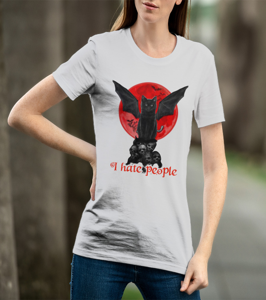Black Bat Cat I Hate People Red Moon Skulls T-Shirt
