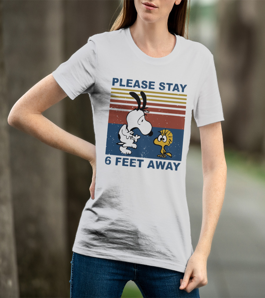 Vintage Please Stay 6 Feet Away Snoopy Woodstock Retro Stripes T-Shirt