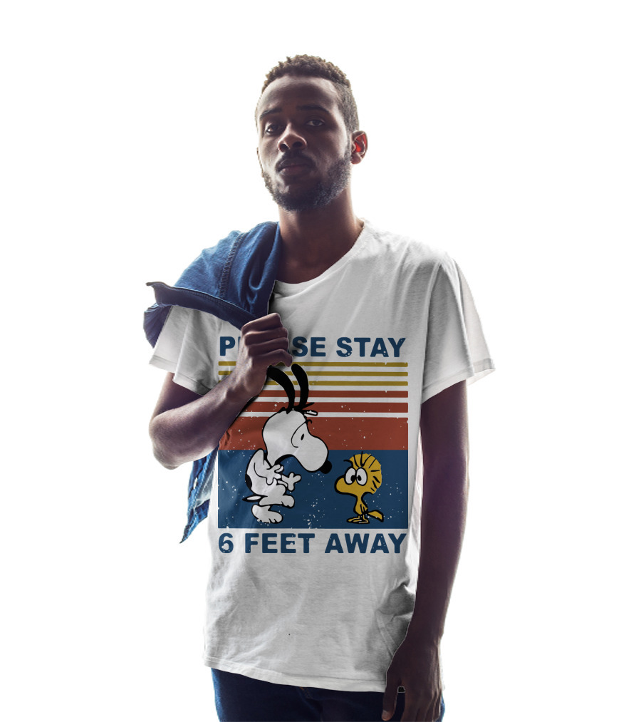 Vintage Please Stay 6 Feet Away Snoopy Woodstock Retro Stripes T-Shirt