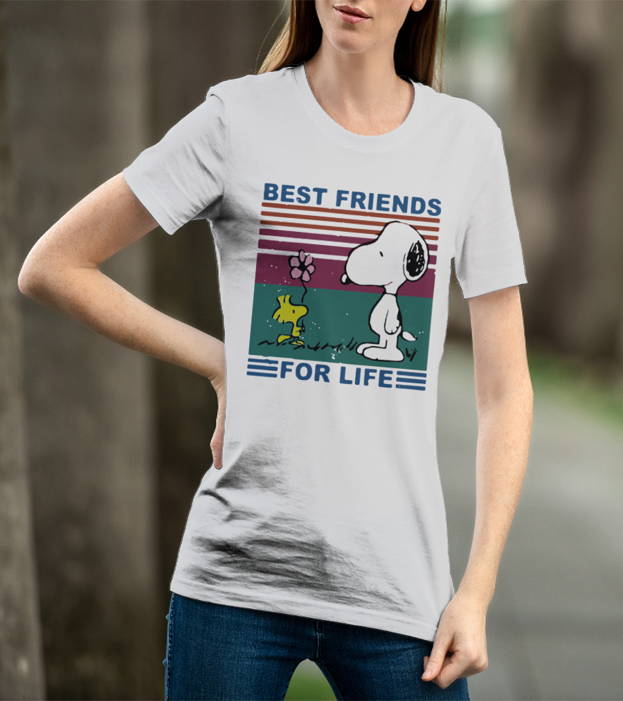 Best Friends For Life Snoopy Woodstock Vintage Retro Stripes T-Shirt