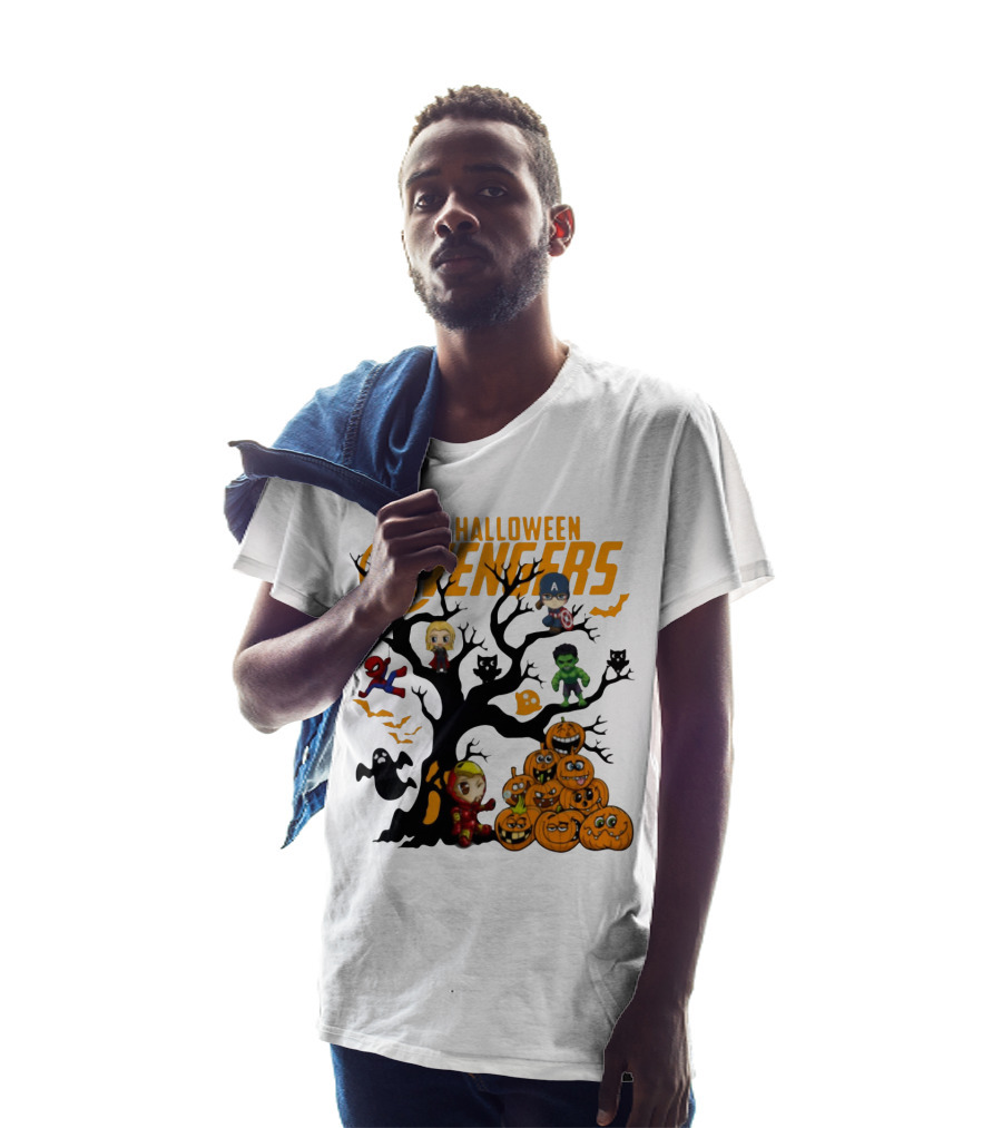 Chibi Halloween Avengers Characters With Pumpkins And Ghosts T-Shirt