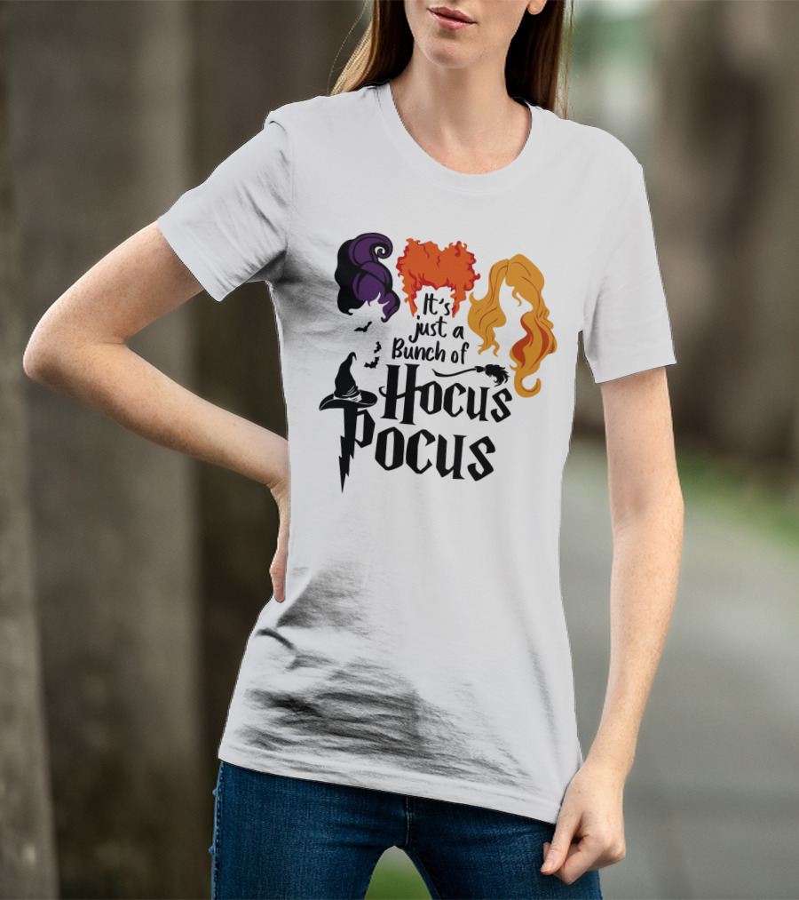 Hocus Pocus It's Just A Bunch Of Witch Hair Silhouettes With Hats And Bats T-Shirt