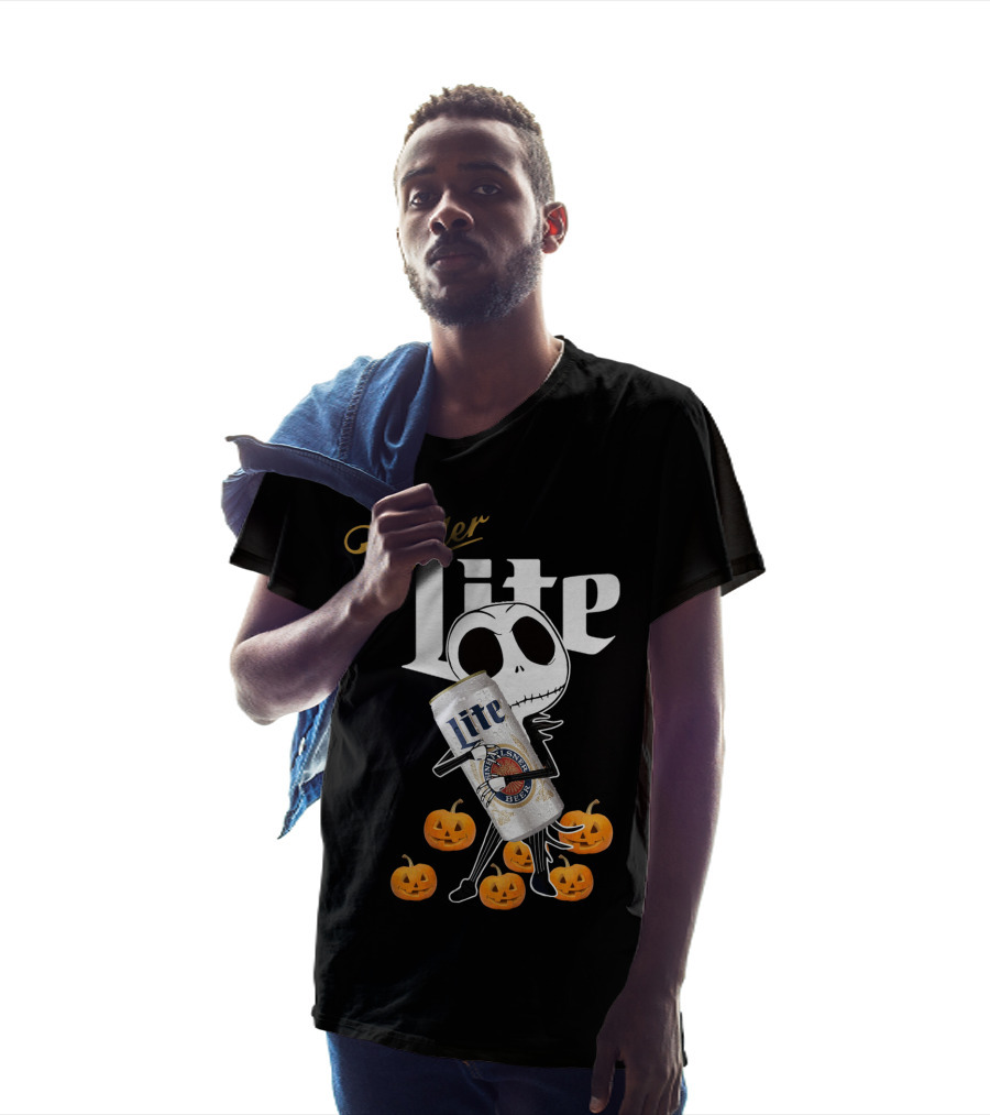 Jack Skellington Holding Miller Lite Surrounded By Pumpkins T-Shirt