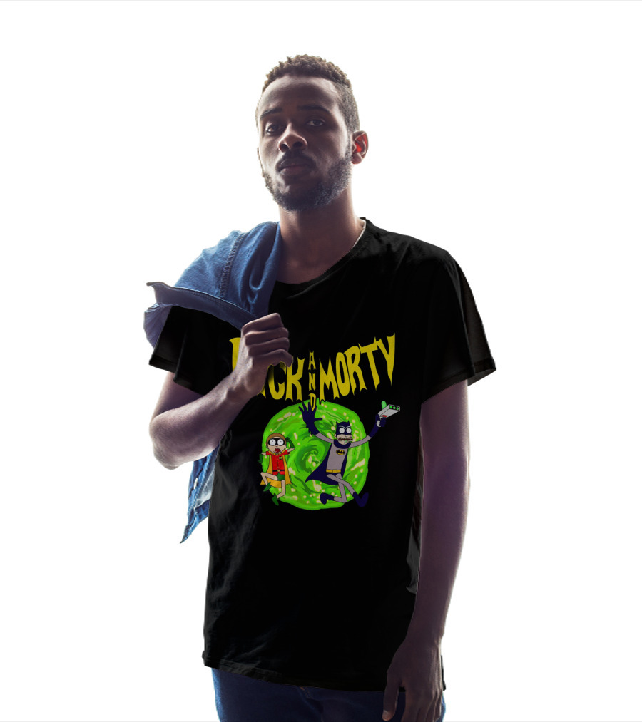 Rick And Morty In Batman Costumes With Portal Gun And Swirling Green Portal T-Shirt