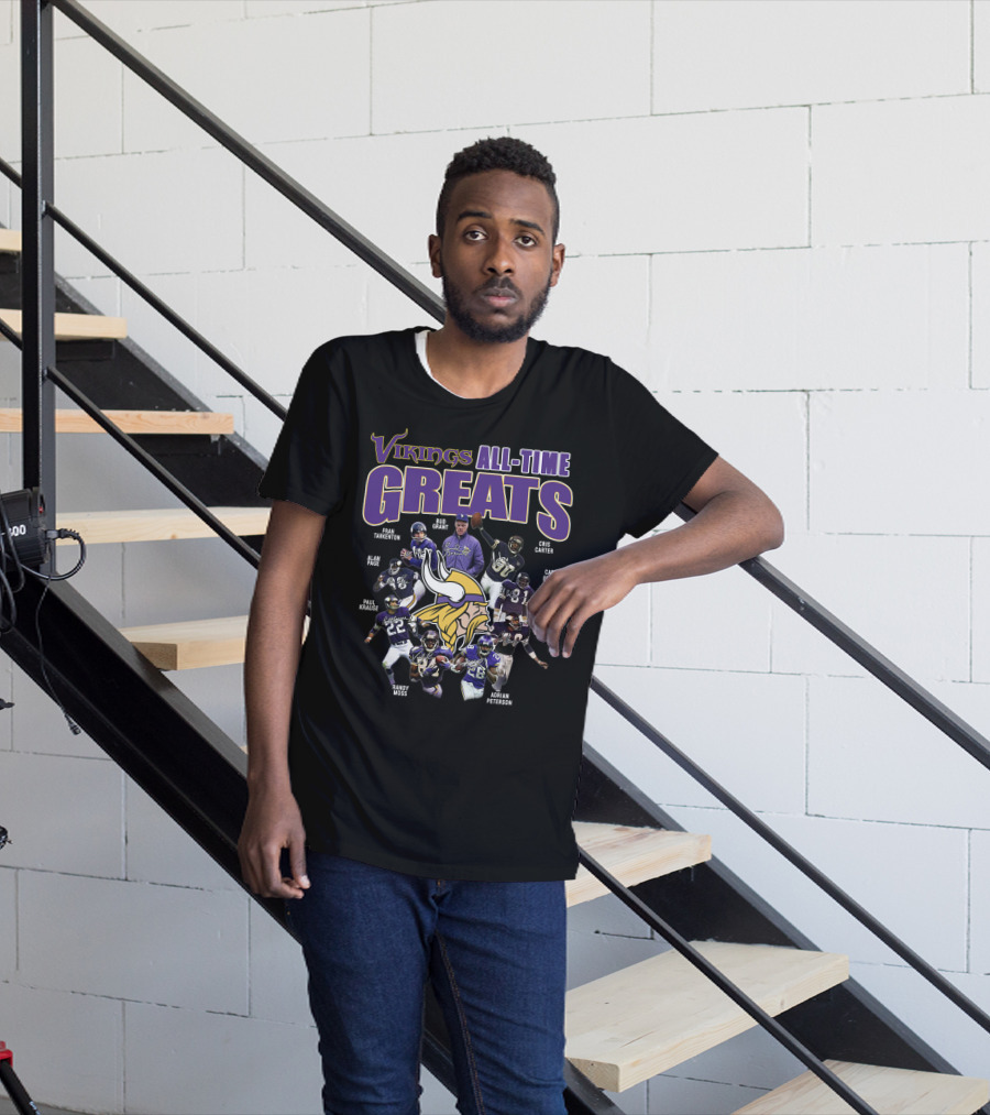 Vikings All-Time Greats Fran Tarkenton Bud Grant Cris Carter Alan Page Paul Krause Randy Moss Adrian Peterson Carl Eller Jim Marshall T-Shirt