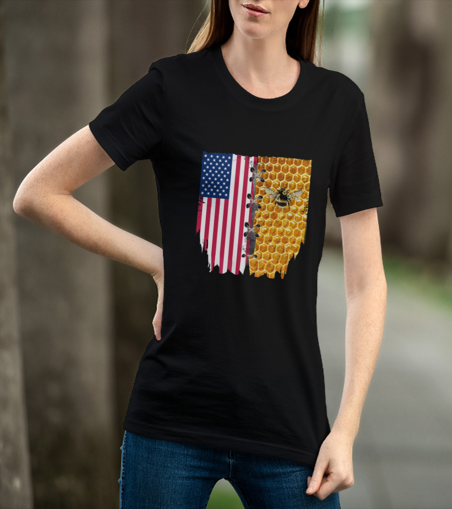 Bee And American Flag Honeycomb Fusion T-Shirt