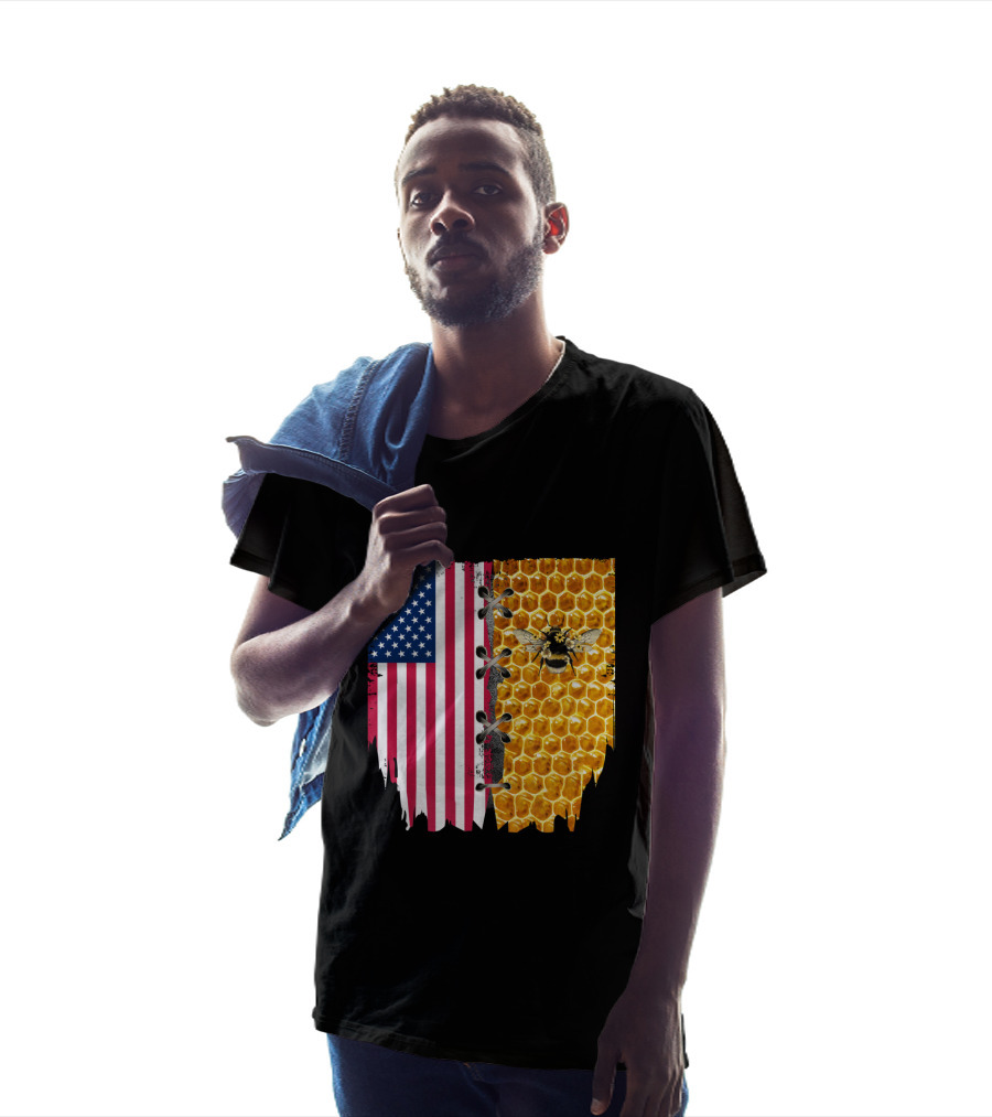 Bee And American Flag Honeycomb Fusion T-Shirt