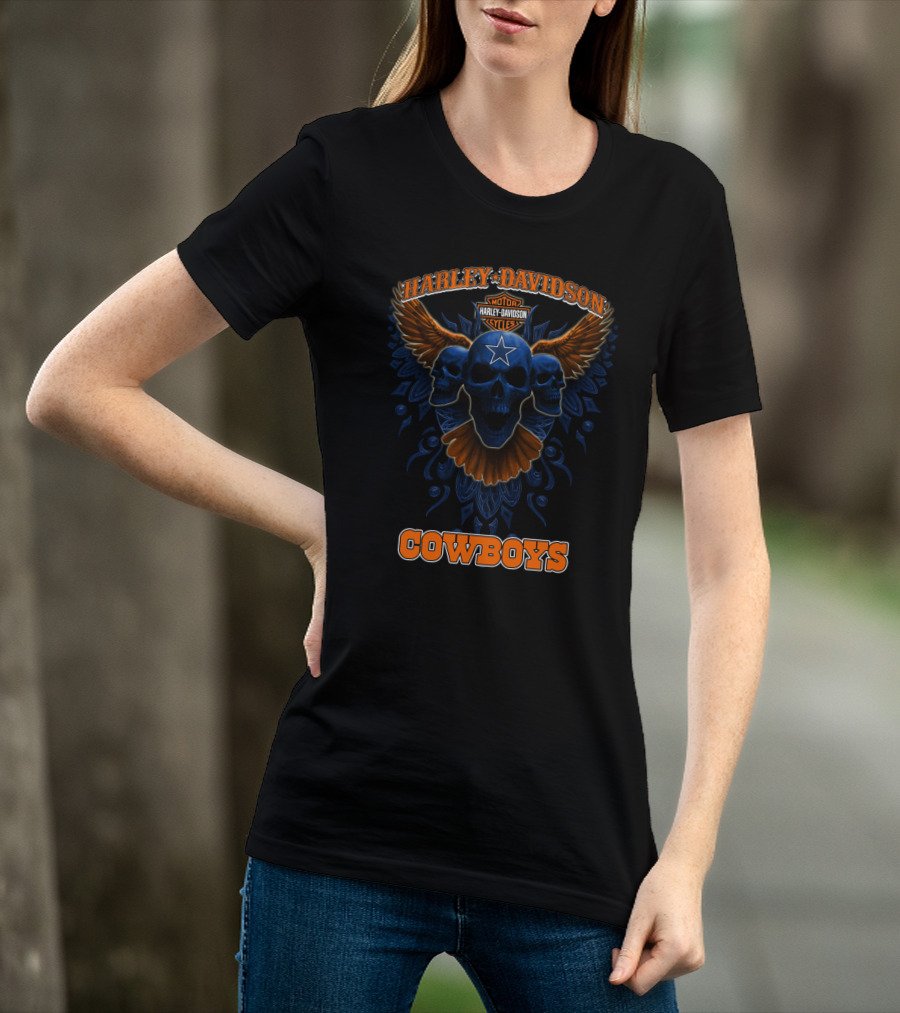 Harley Davidson Cowboys Motor Cycles Star Skull Wings T-Shirt