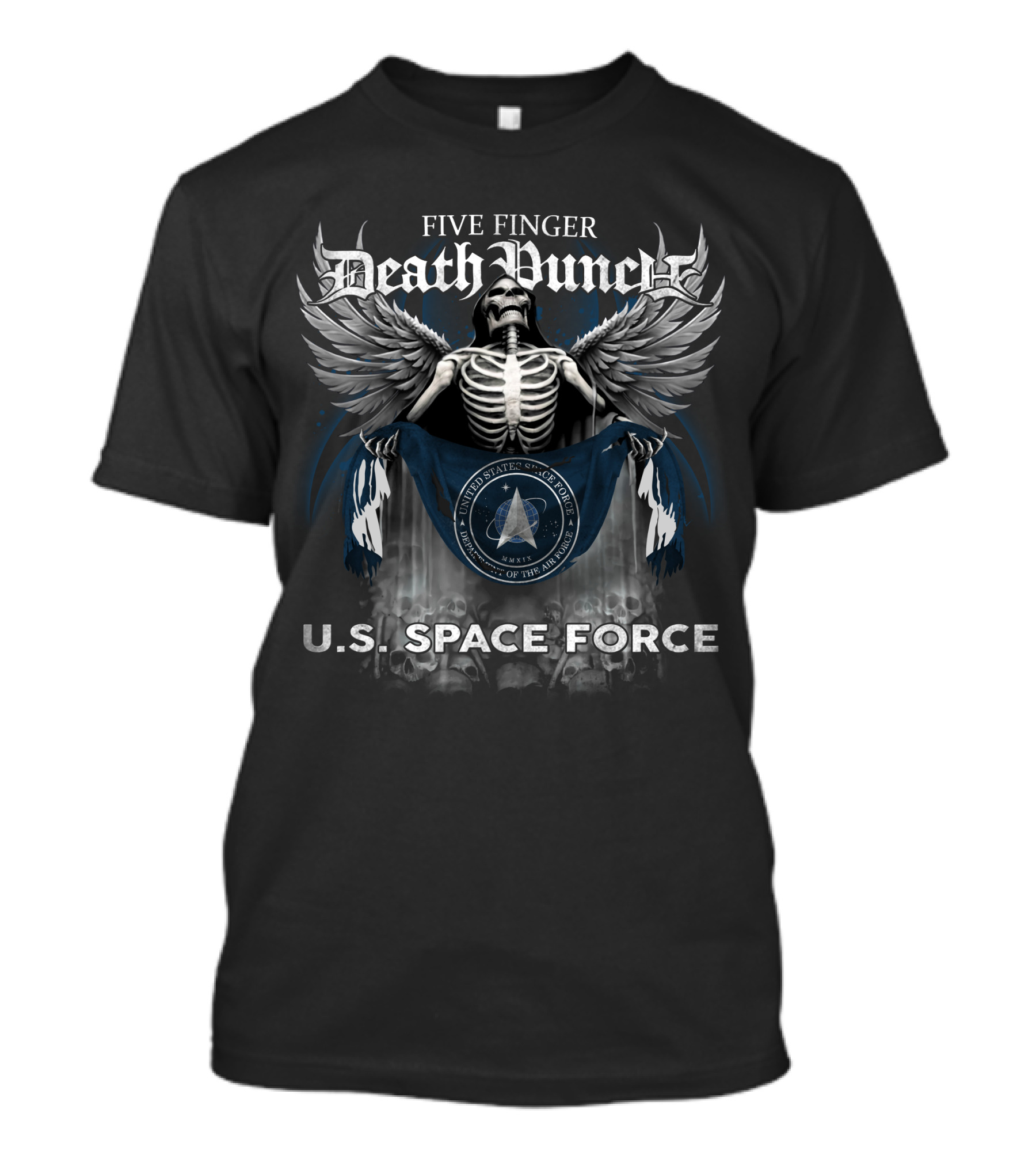 Five Finger Death Punch Skull Holding United States Space Force Flag With Wings And U.S. Space Force Text T-Shirt