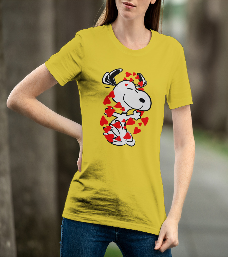 Snoopy Surrounded By Red Hearts Hugging Blissfully T-Shirt