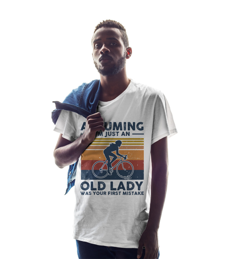 Assuming I'm Just An Old Lady Was Your First Mistake Biking Silhouette Retro Stripes T-Shirt
