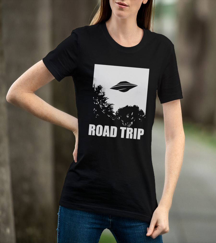 Road Trip UFO Flying Over Silhouette Trees T-Shirt