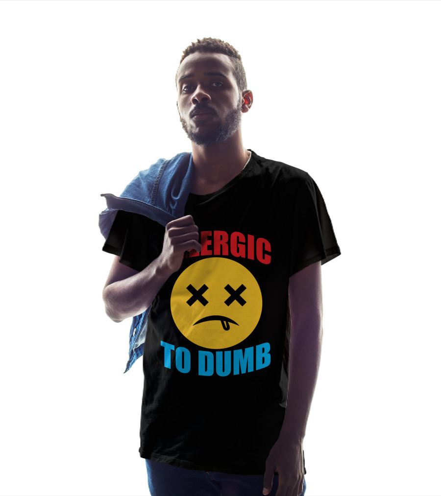 Allergic To Dumb Funny Sarcasm Tattooed Girls With Yellow Emoticon Face And Crossed Eyes T-Shirt