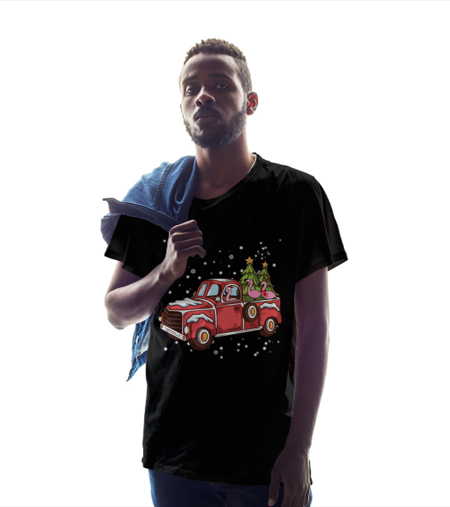 Christmas Flamingos Riding In Red Truck With Snowflakes And Christmas Trees T-Shirt
