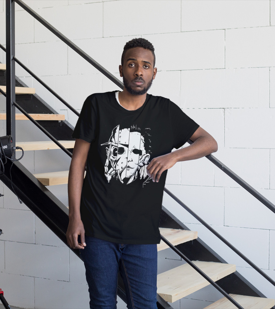 Freddy Krueger Jason Voorhees Michael Myers Thomas Iconic Horror Faces Combined T-Shirt