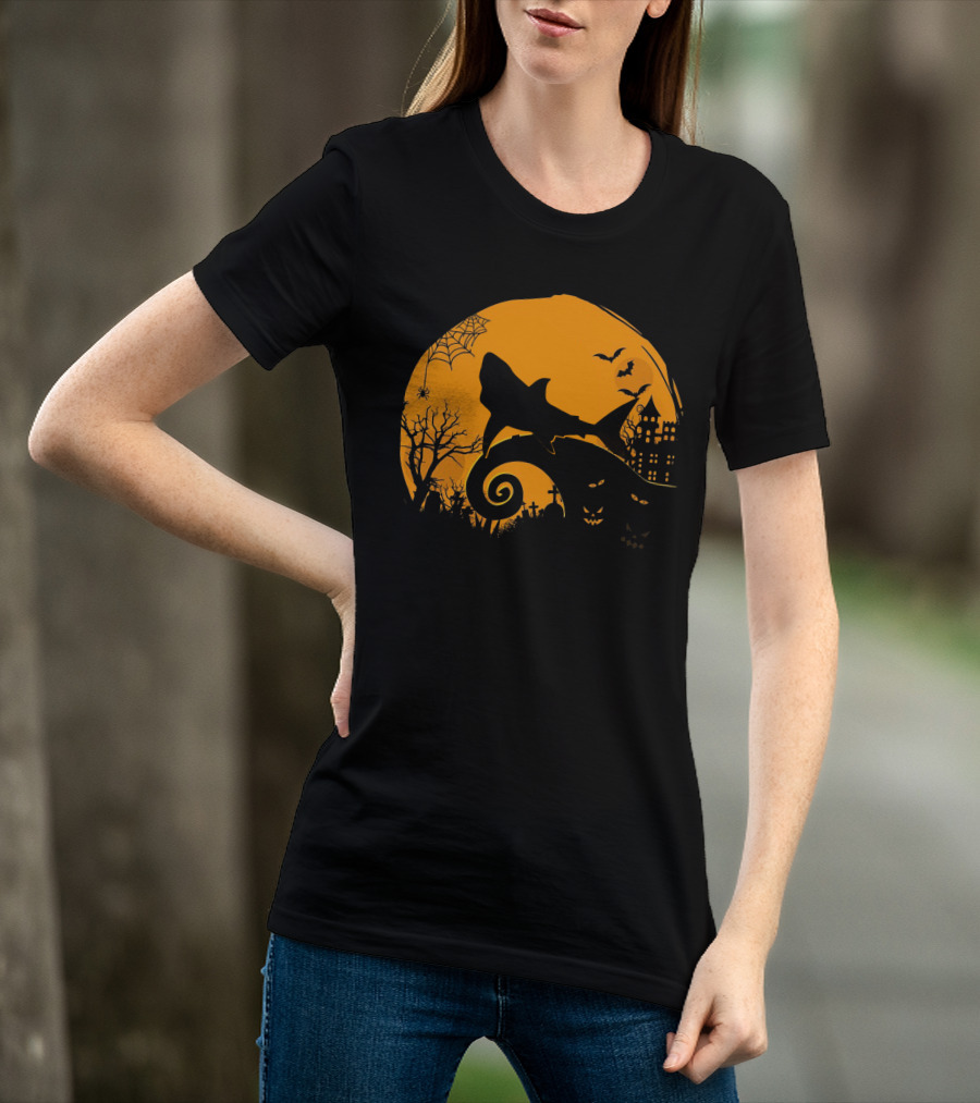 Halloween Shark King Parody In Spooky Nightmarish Setting With Haunted Graveyard Silhouette And Moonlit Spider Web T-Shirt