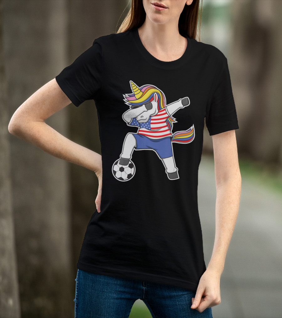 Dabbing Soccer Unicorn USA Girls Unicorn Lover Stars And Stripes Football T-Shirt