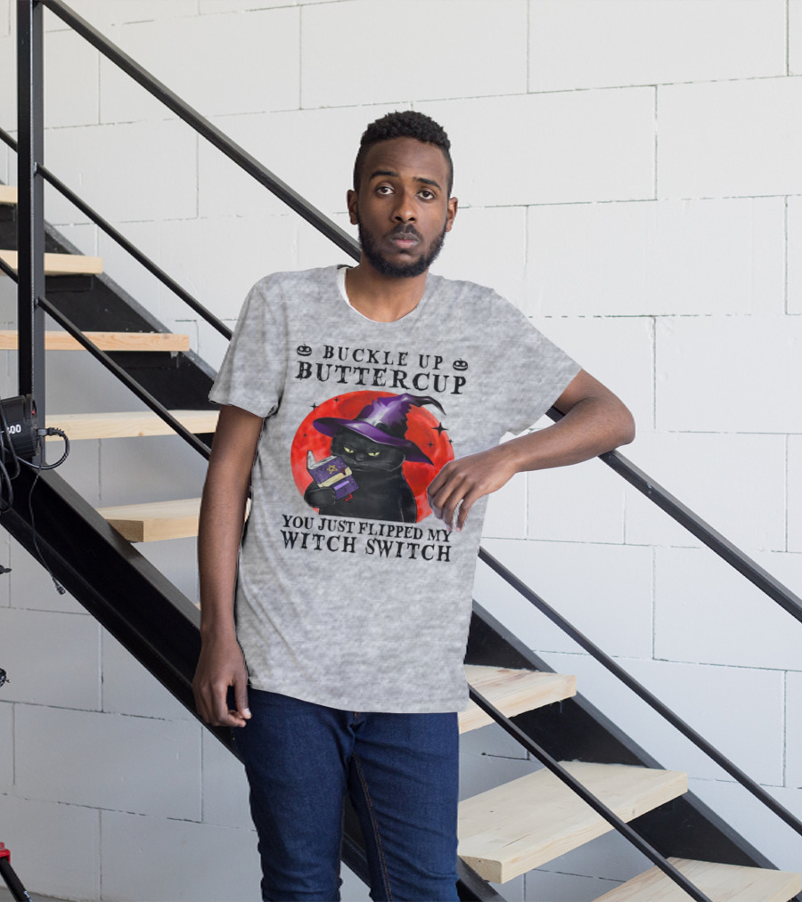 Buckle Up Buttercup You Just Flipped My Witch Switch Halloween Black Cat Red Moon T-Shirt