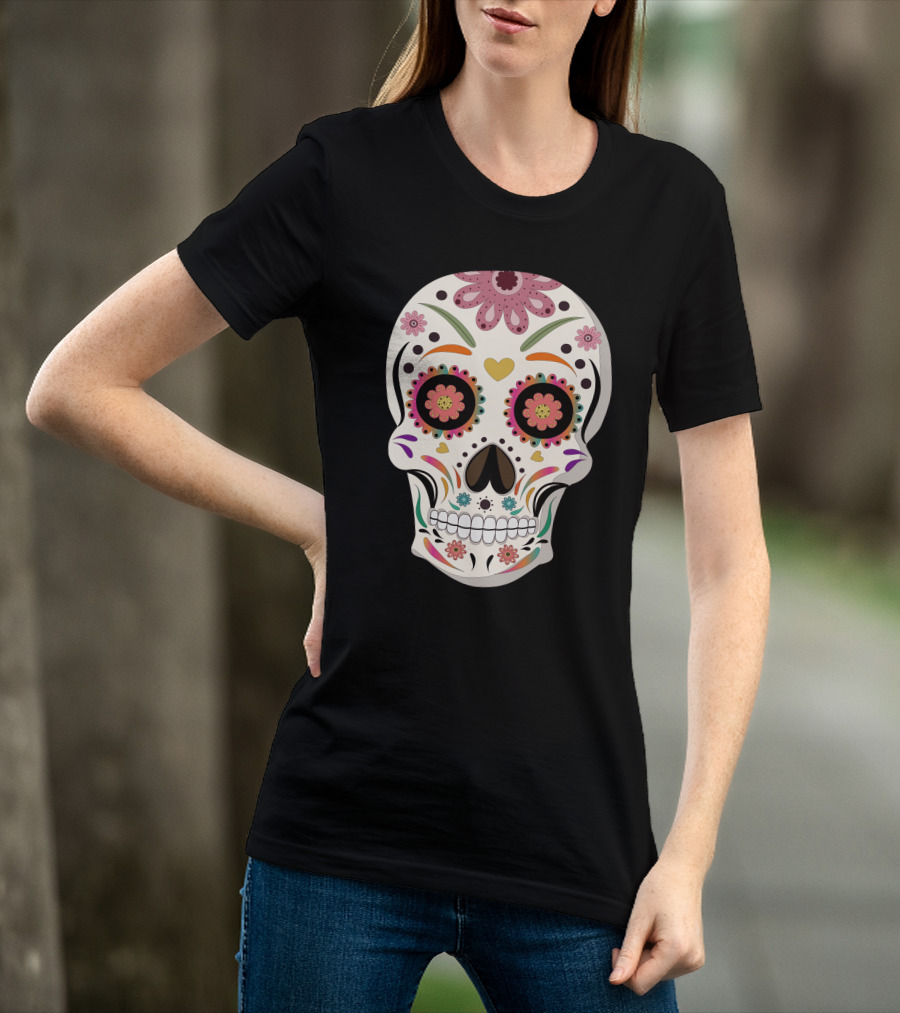 Day Of The Dead Bride Sugar Skull With Floral And Heart Motifs T-Shirt