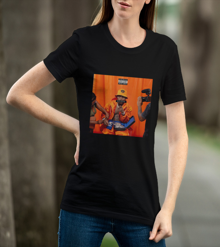 Dababy Merch Blame It On Baby Deluxe Parental Advisory Explicit Content Orange Outfit Photography T-Shirt
