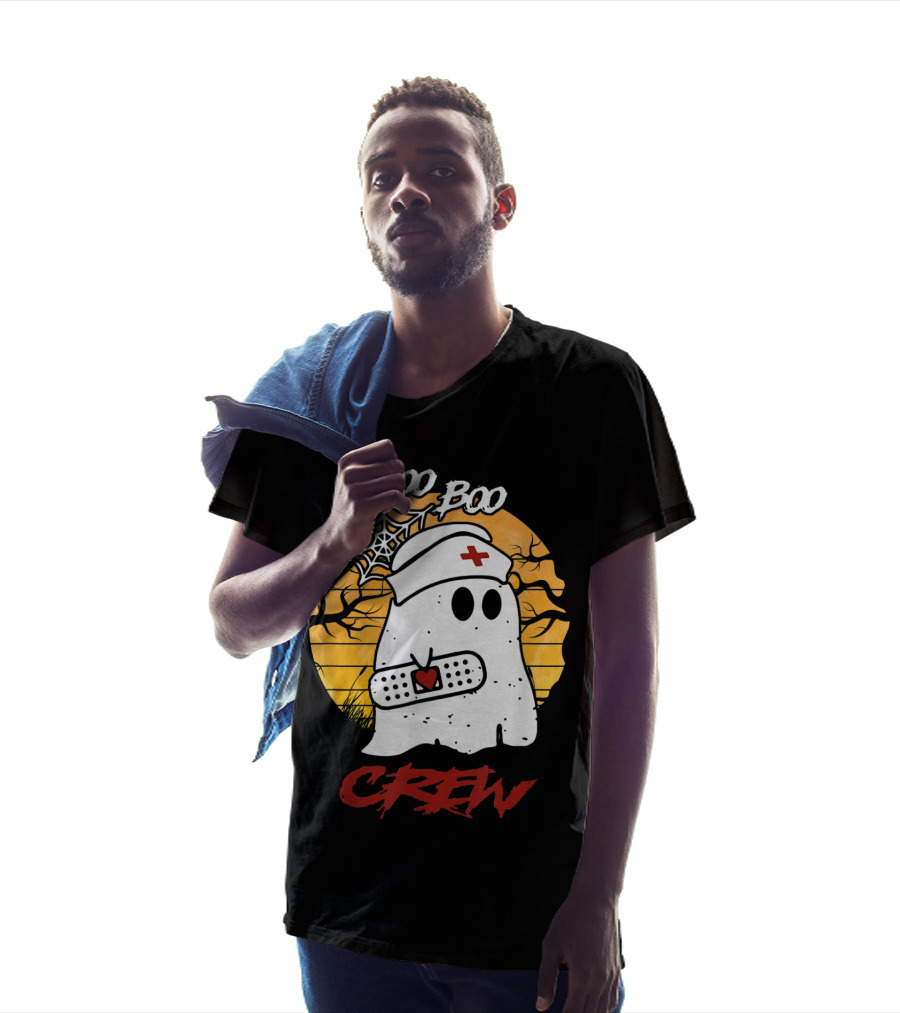 Boo Boo Nurse Ghost With Bandage And Spider Web Halloween Crew T-Shirt