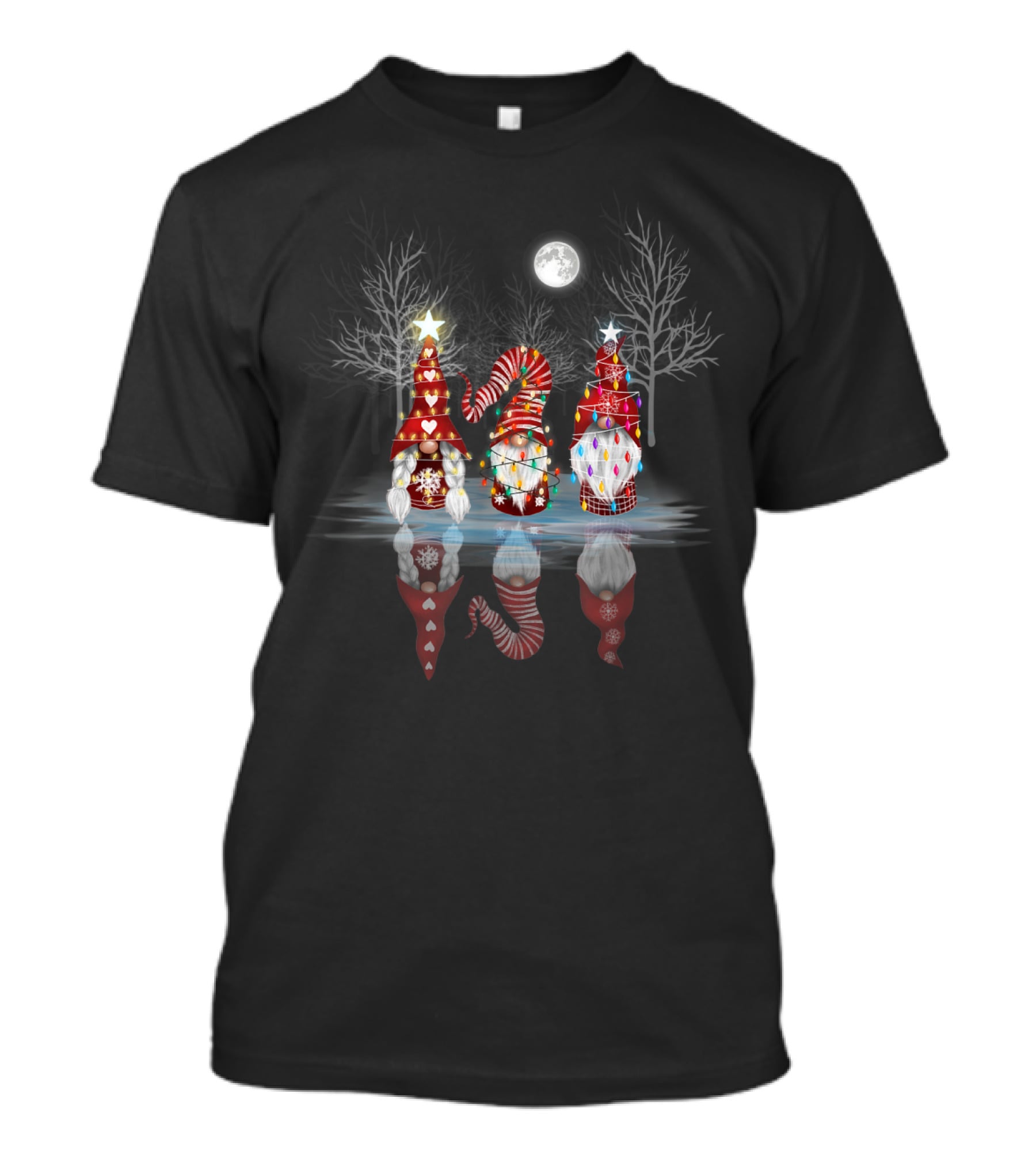 Cool Three Nordic Gnomes Reflection Nordic Winter Night Scenic T-Shirt