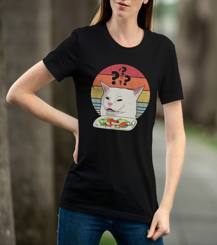 Cat Meme Confused Expression With Salad And Retro Color Stripes T-Shirt