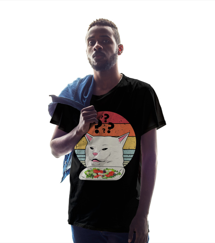 Cat Meme Confused Expression With Salad And Retro Color Stripes T-Shirt