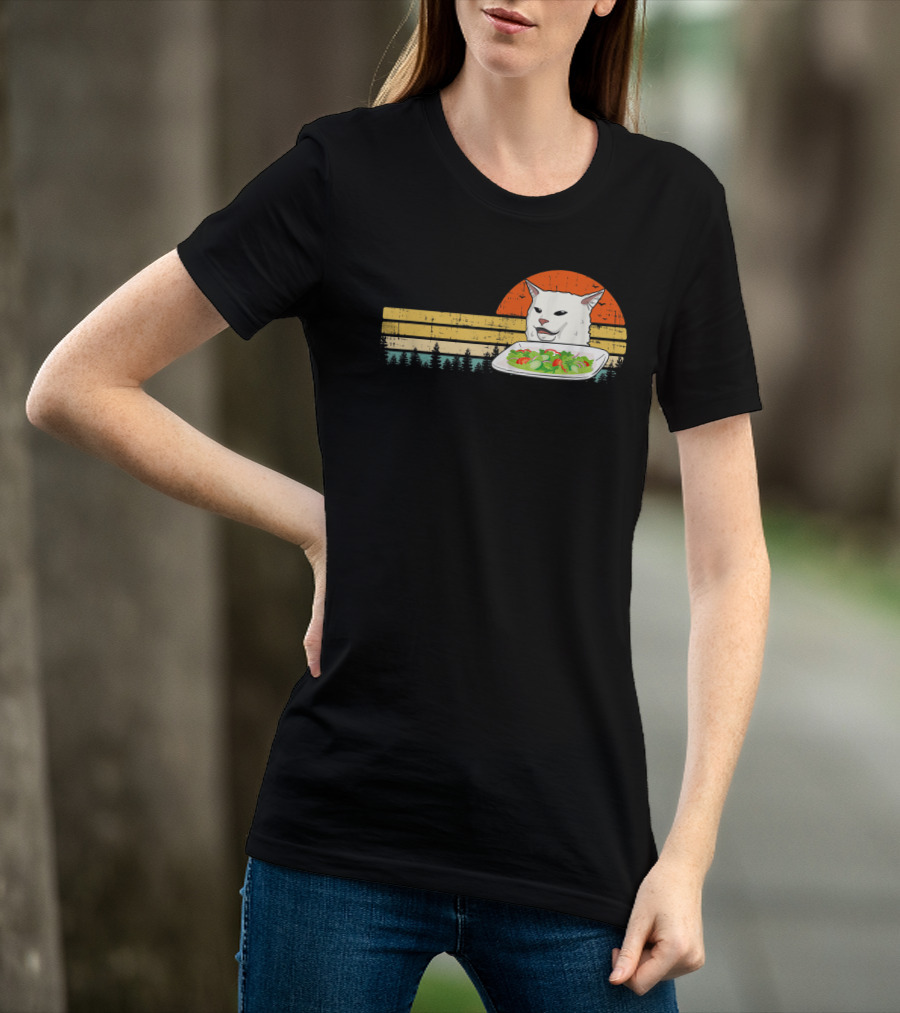 Yelling Cat Meme Retro Sunset Salad Plate Forest Scene T-Shirt