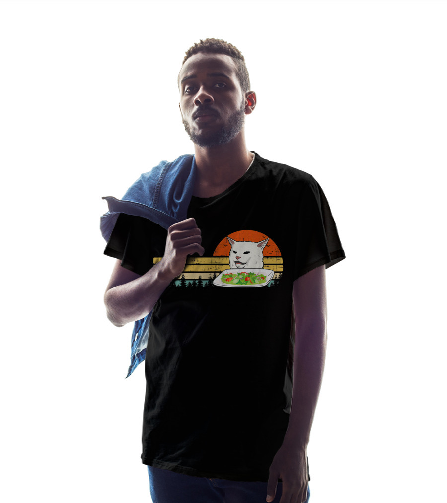 Yelling Cat Meme Retro Sunset Salad Plate Forest Scene T-Shirt