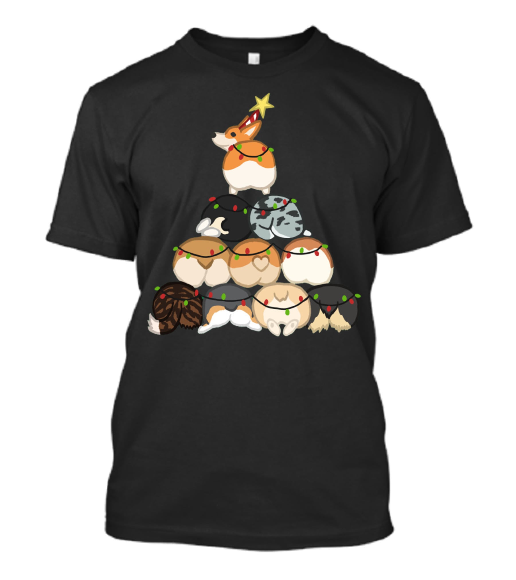 Corgi Butt Christmas Tree With Festive Lights And Star Topper T-Shirt