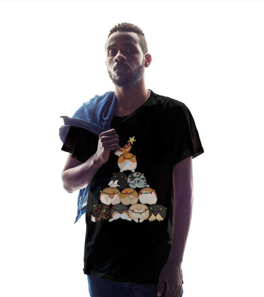 Corgi Butt Christmas Tree With Festive Lights And Star Topper T-Shirt