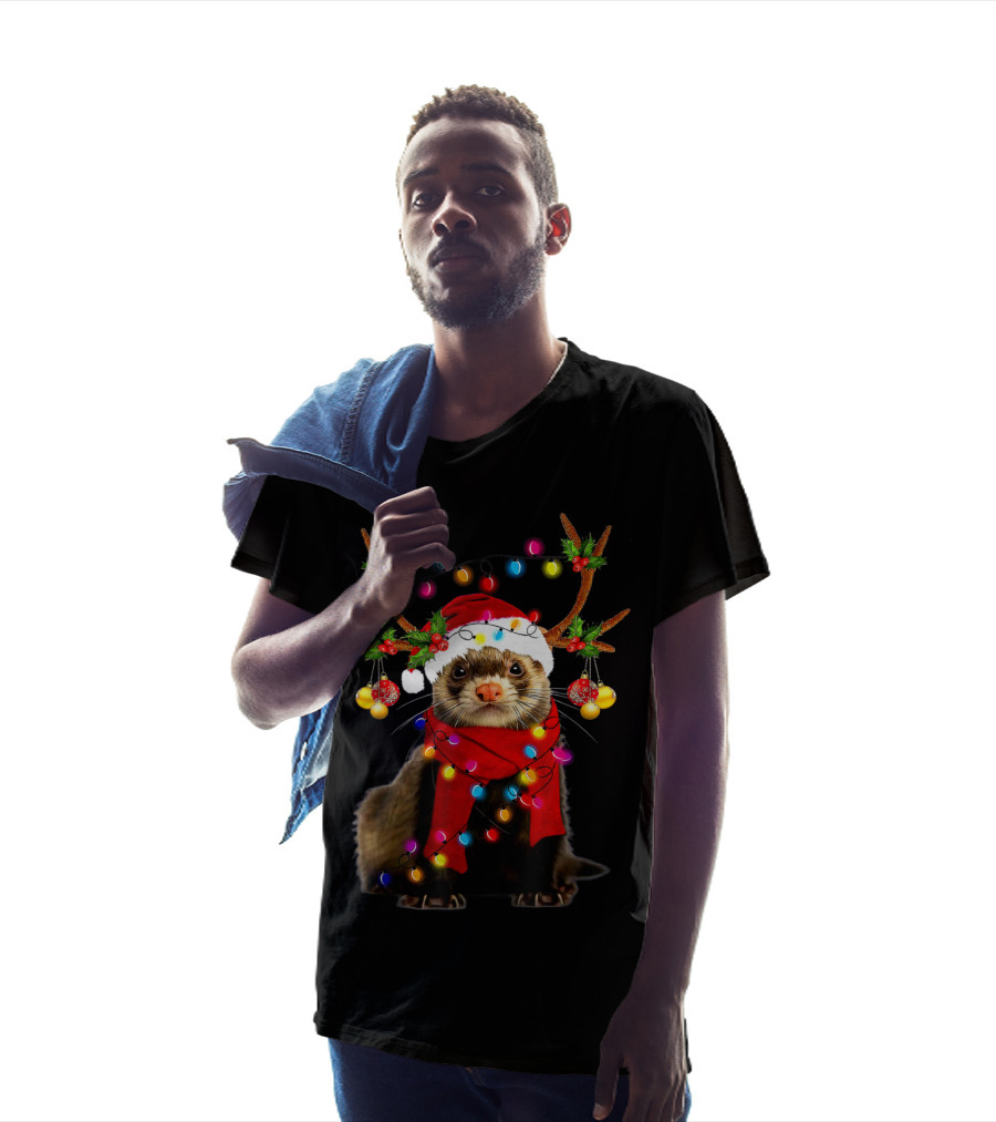Ferret Santa Reindeer Christmas Lights T-Shirt