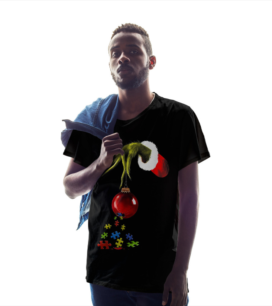 Grinch Hand Holding Red Ornament With Autism Puzzle Pieces T-Shirt