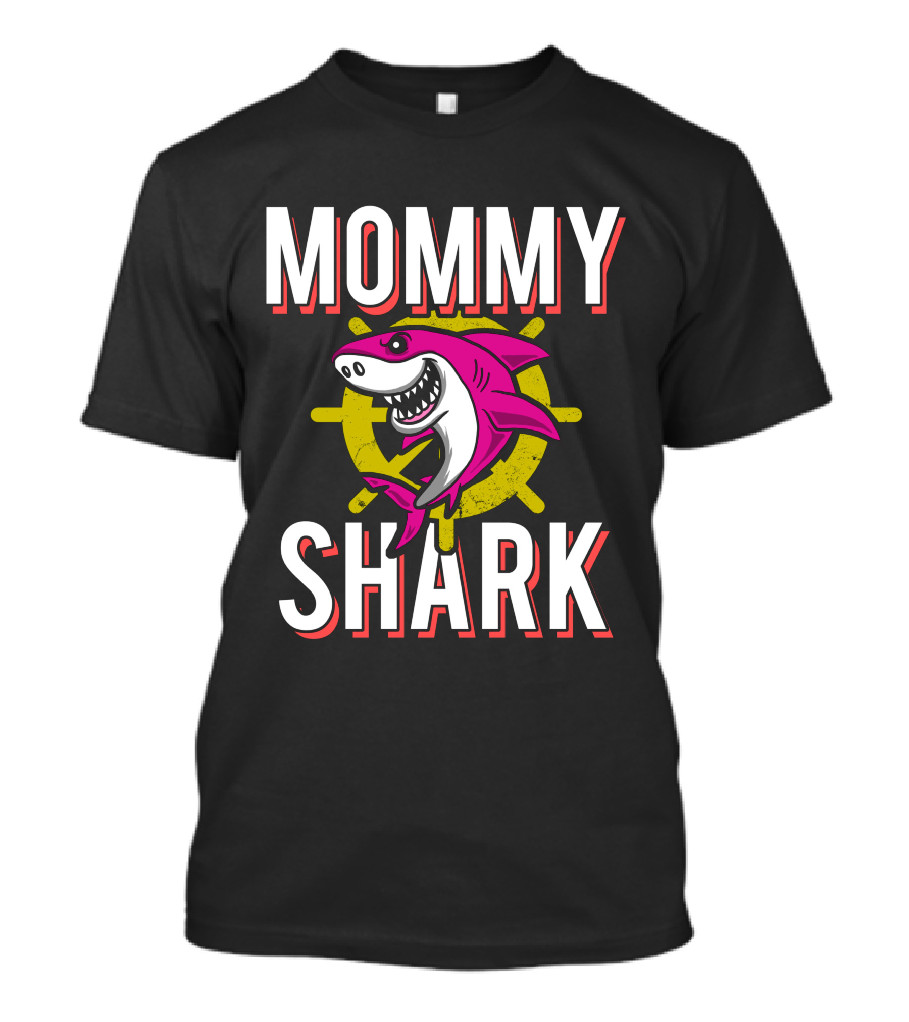 Mommy Shark Cartoon Pink Shark With Yellow Helm Background T-Shirt