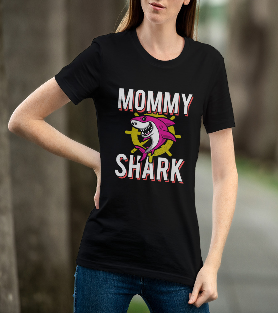 Mommy Shark Cartoon Pink Shark With Yellow Helm Background T-Shirt