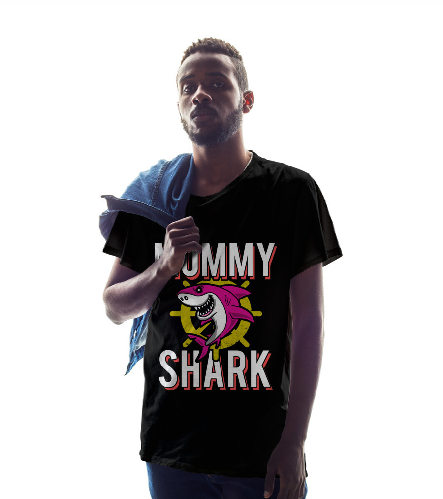 Mommy Shark Cartoon Pink Shark With Yellow Helm Background T-Shirt