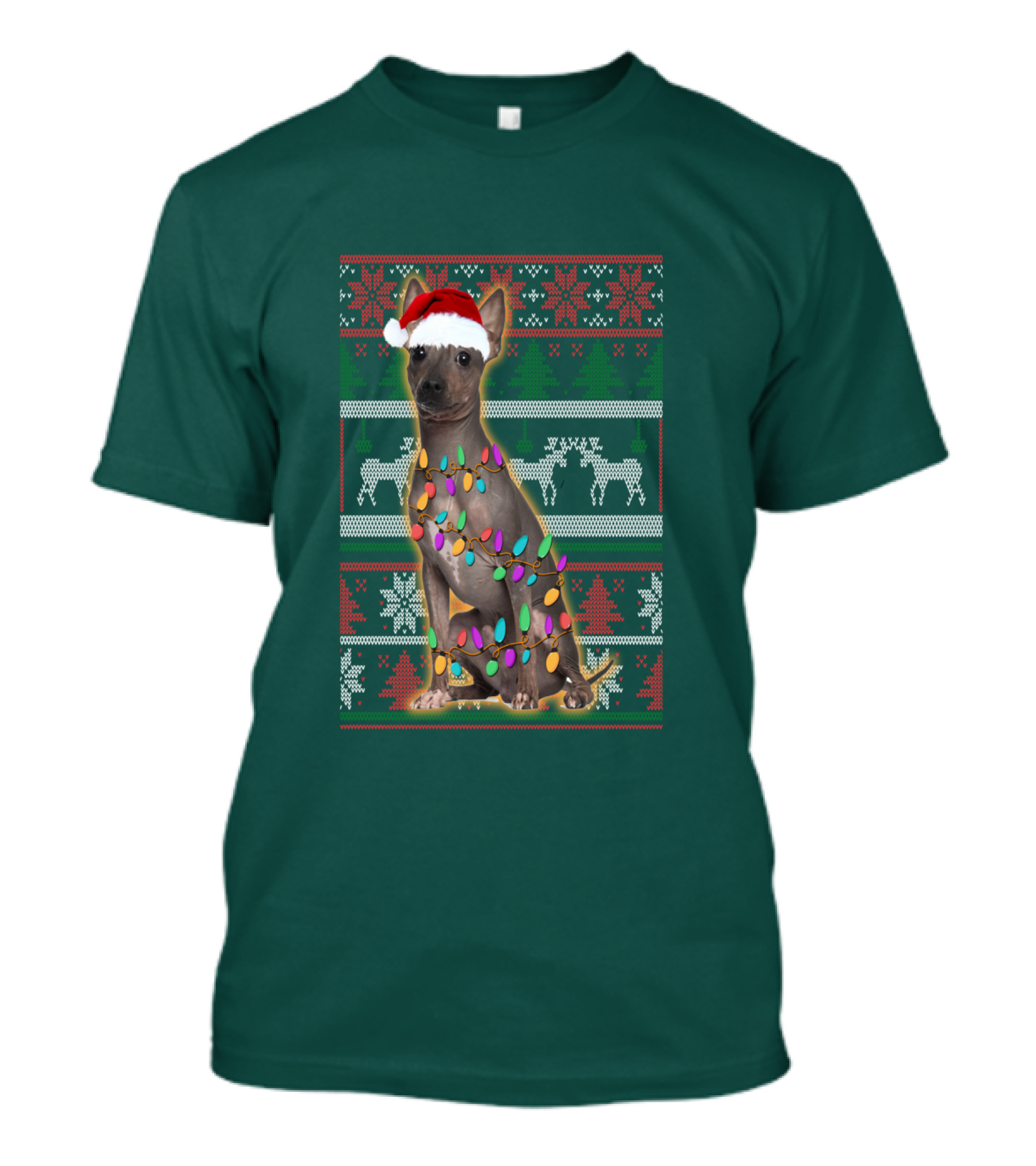 American Hairless Terrier Christmas Lights Santa Hat T-Shirt
