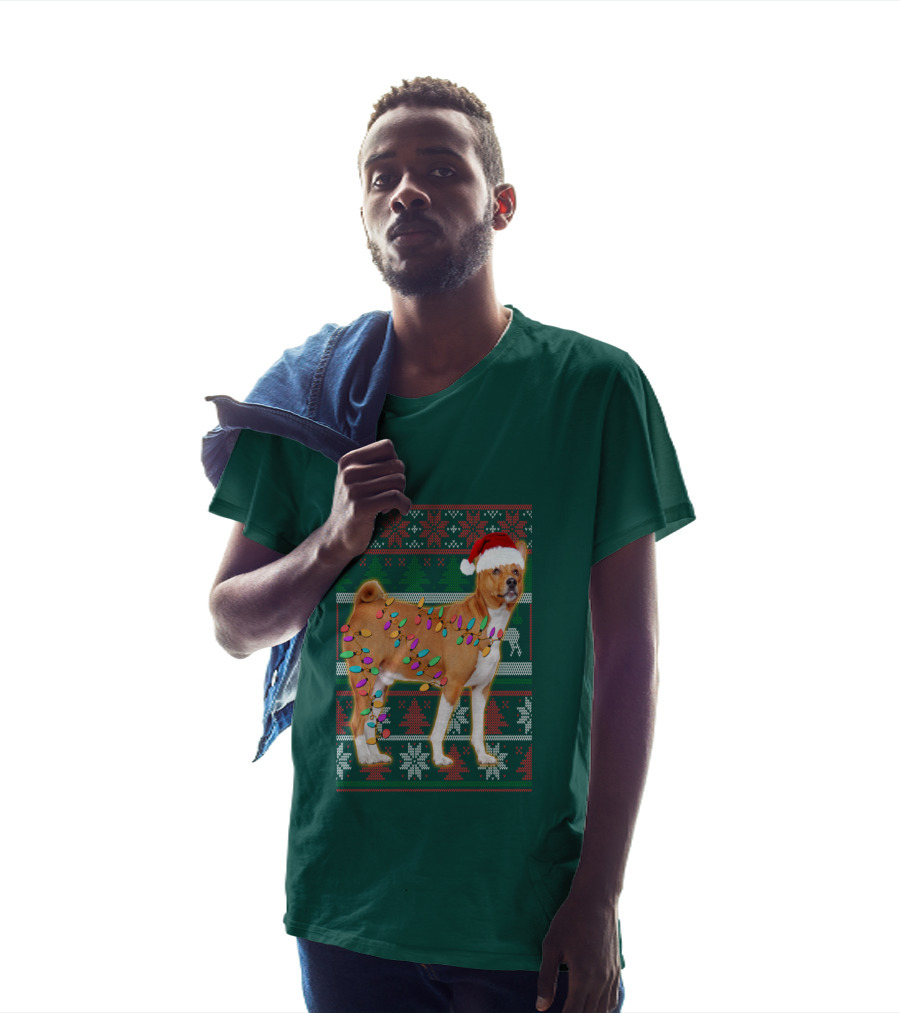 Basenji Christmas Lights Holiday Sweater Dog With Santa Hat T-Shirt