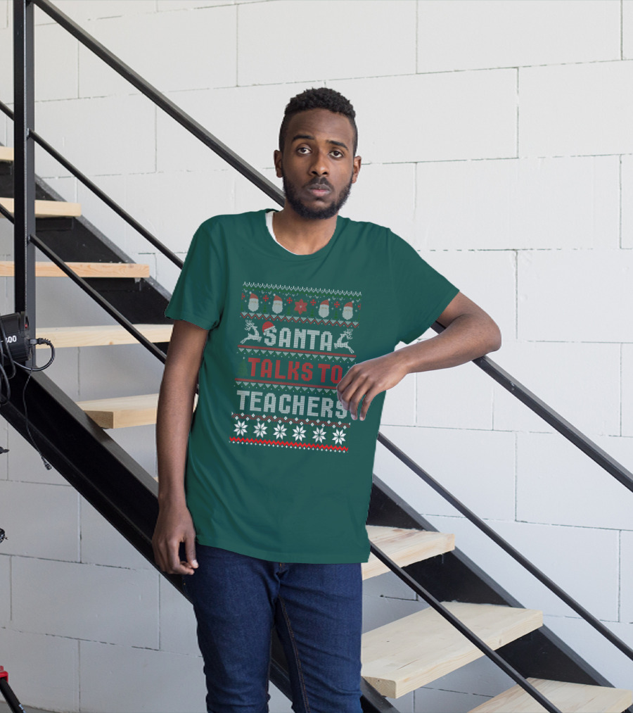 Santa Talks To Teachers Christmas Sweater Design With Reindeer And Santa Hats T-Shirt
