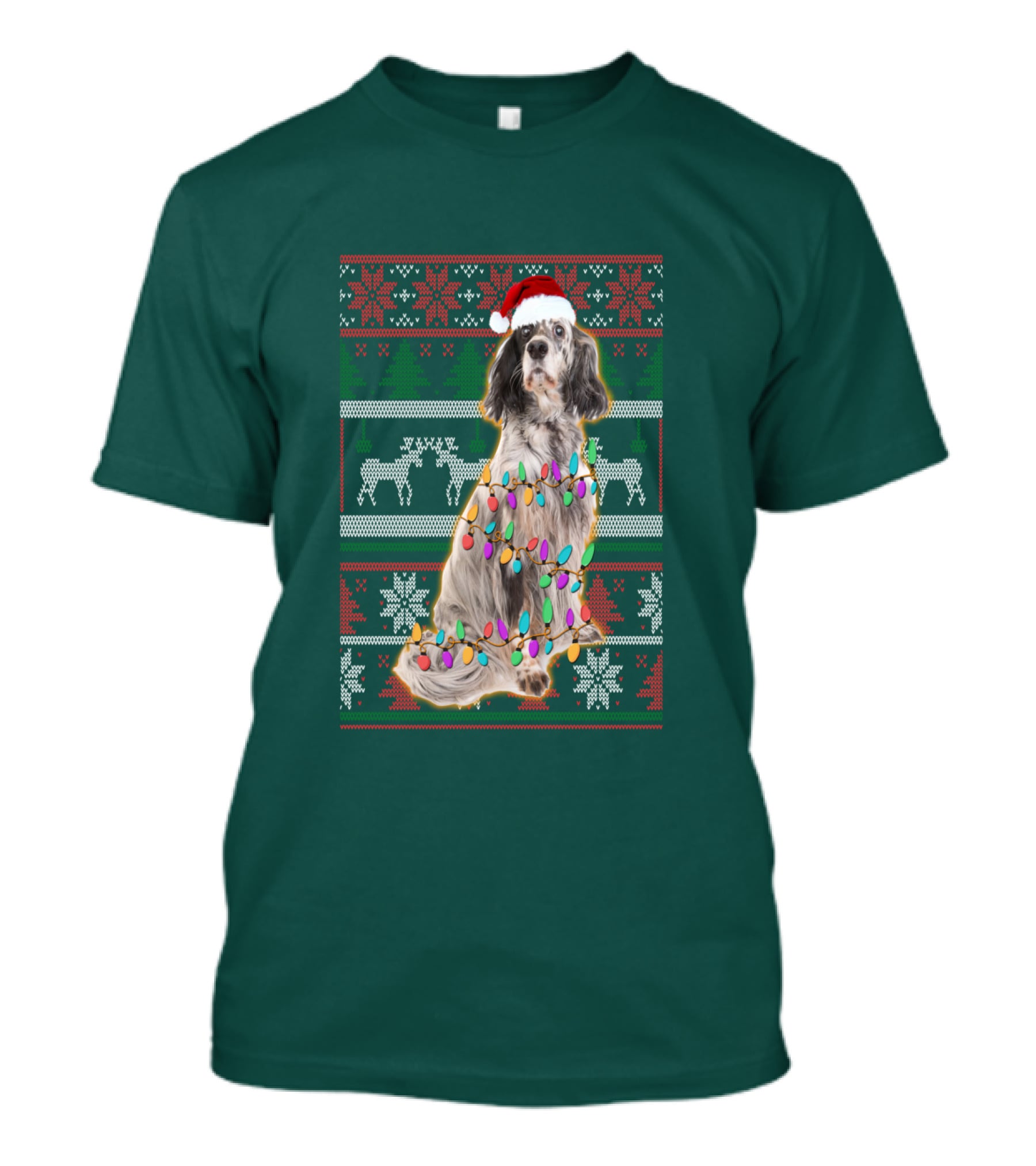 English Setter Christmas Lights Ugly Sweater Santa Hat T-Shirt