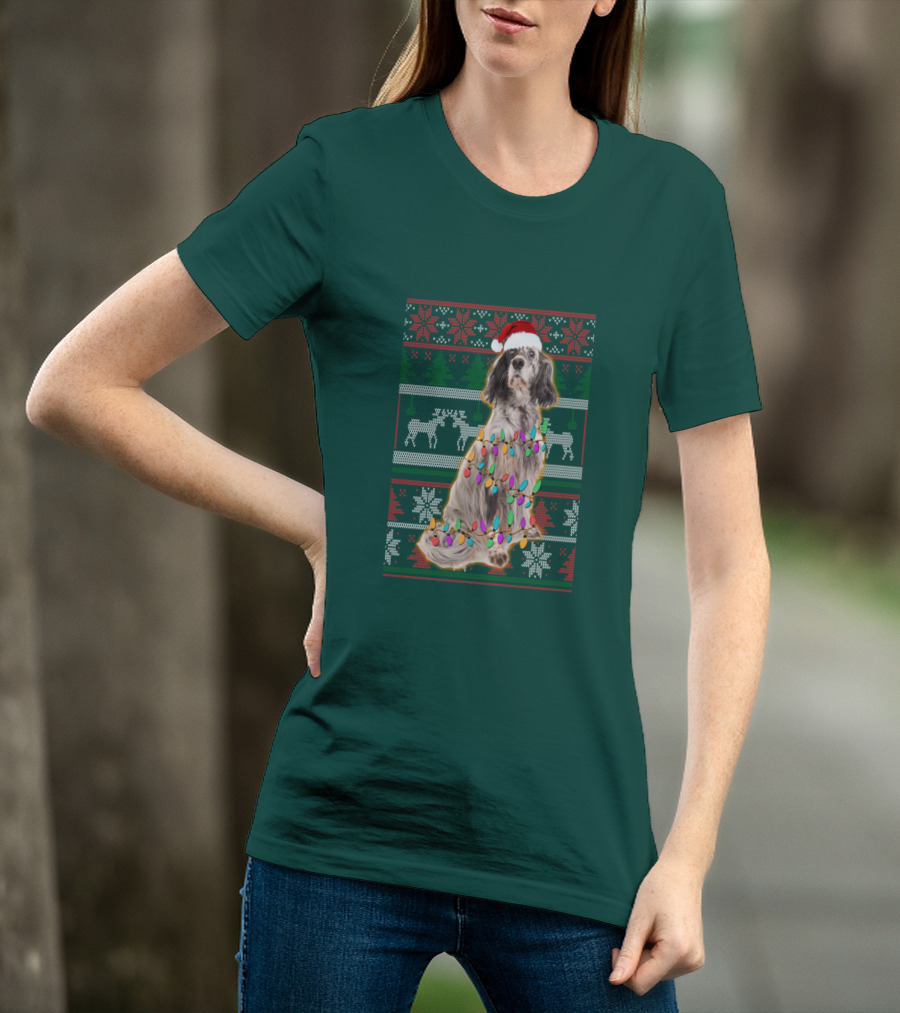 English Setter Christmas Lights Ugly Sweater Santa Hat T-Shirt
