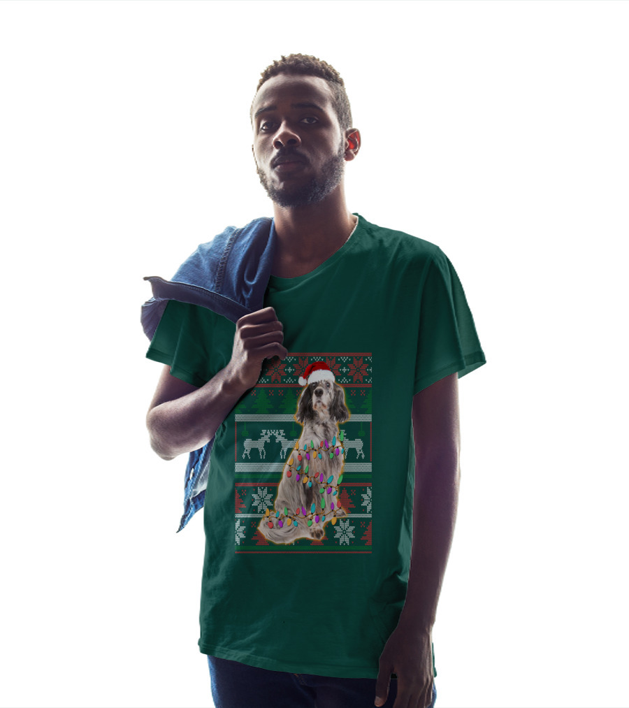 English Setter Christmas Lights Ugly Sweater Santa Hat T-Shirt