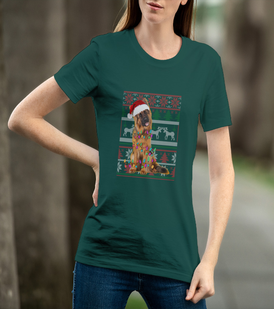 German Shepherd Santa Hat Christmas Lights Ugly Sweater Reindeer T-Shirt