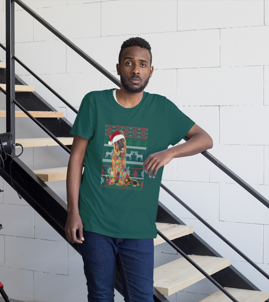 German Shepherd Santa Hat Christmas Lights Ugly Sweater Reindeer T-Shirt