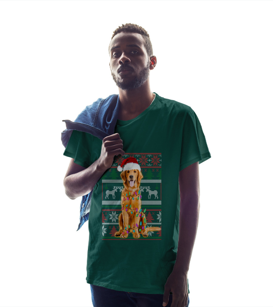 Golden Retriever Christmas Santa Hat Lights Holiday T-Shirt