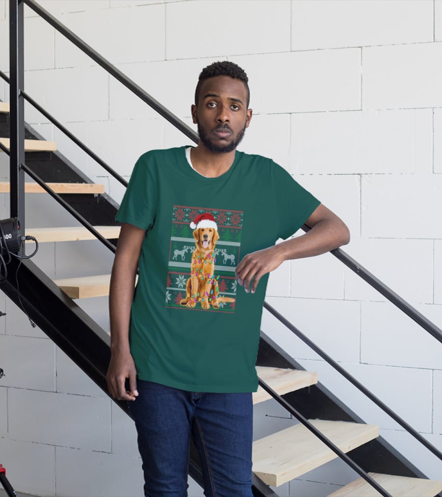 Golden Retriever Christmas Santa Hat Lights Holiday T-Shirt