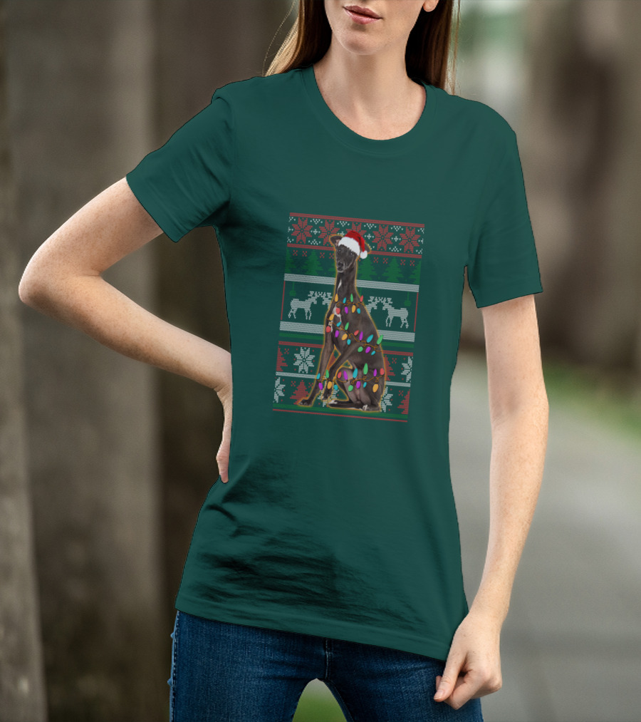 Greyhound Christmas Santa Hat And Lights Ugly T-Shirt