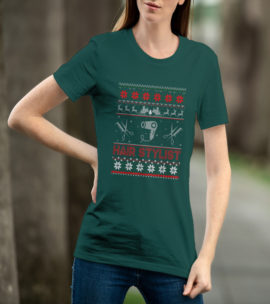 Hair Stylist Ugly Christmas Sweater Scissors And Hairdryer T-Shirt