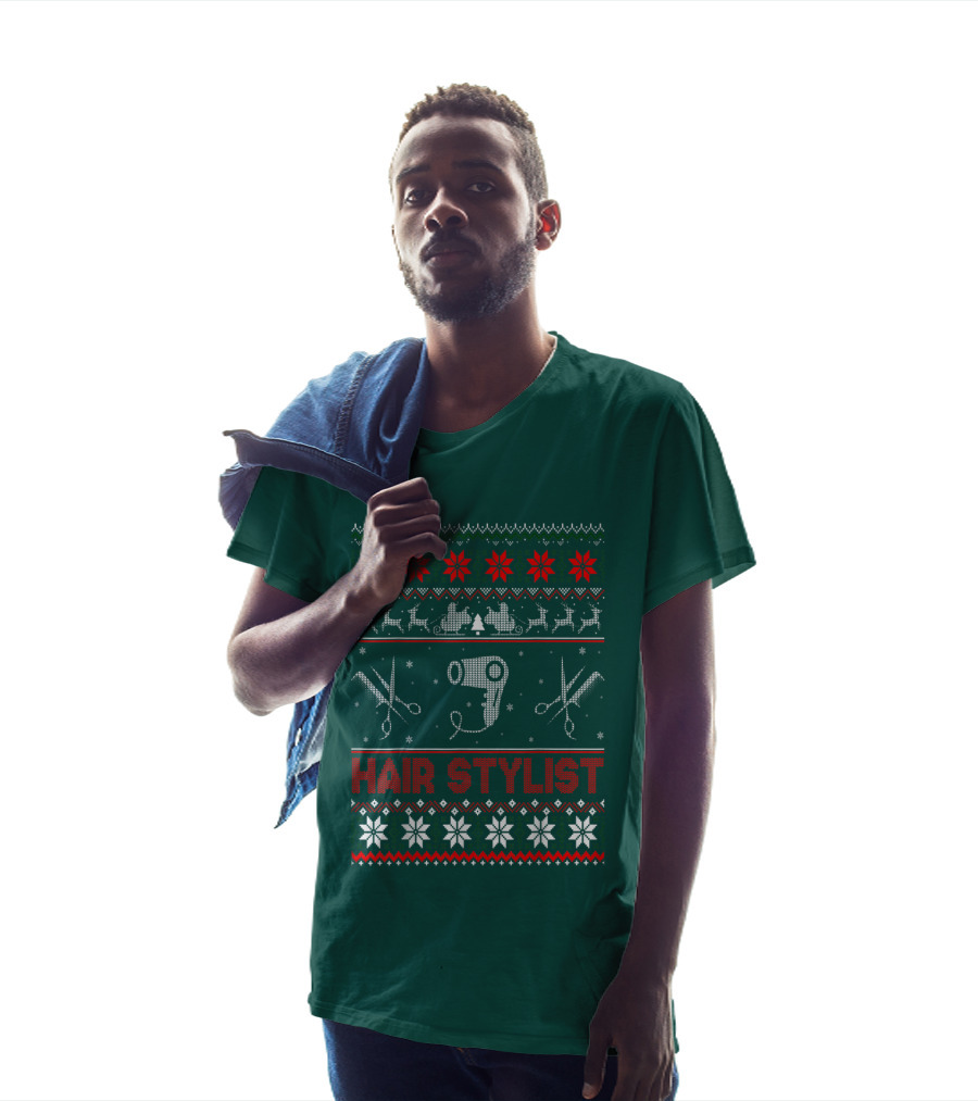 Hair Stylist Ugly Christmas Sweater Scissors And Hairdryer T-Shirt